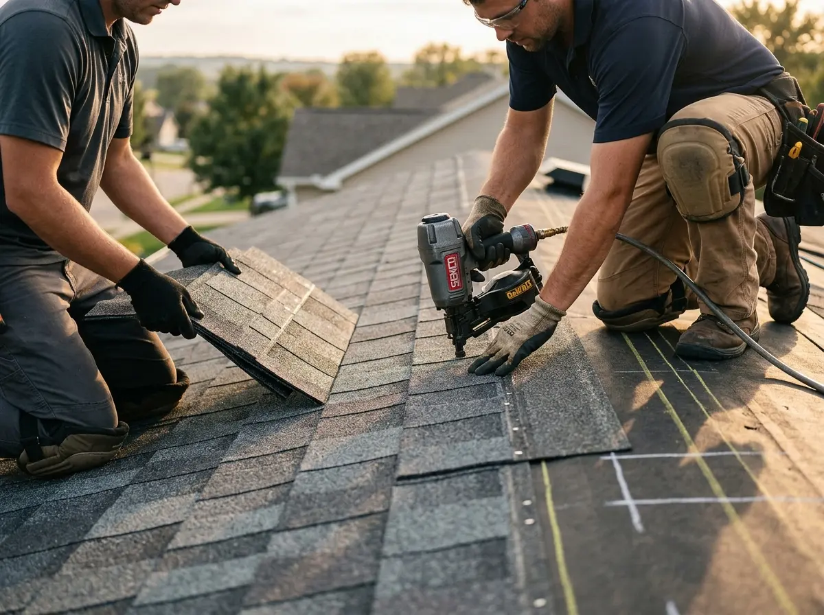 Professional roofer working on a residential roof in Rancho Calaveras